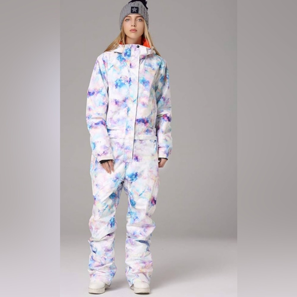 Women’s Water-Resistant Snow One-Piece Suit in White Tie-Dye